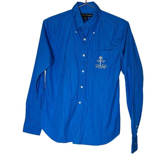 RALPH LAUREN Blue Button Up White Nautical Embroidered Long Sleeve Shirt Size 10 - Picture 1 of 12